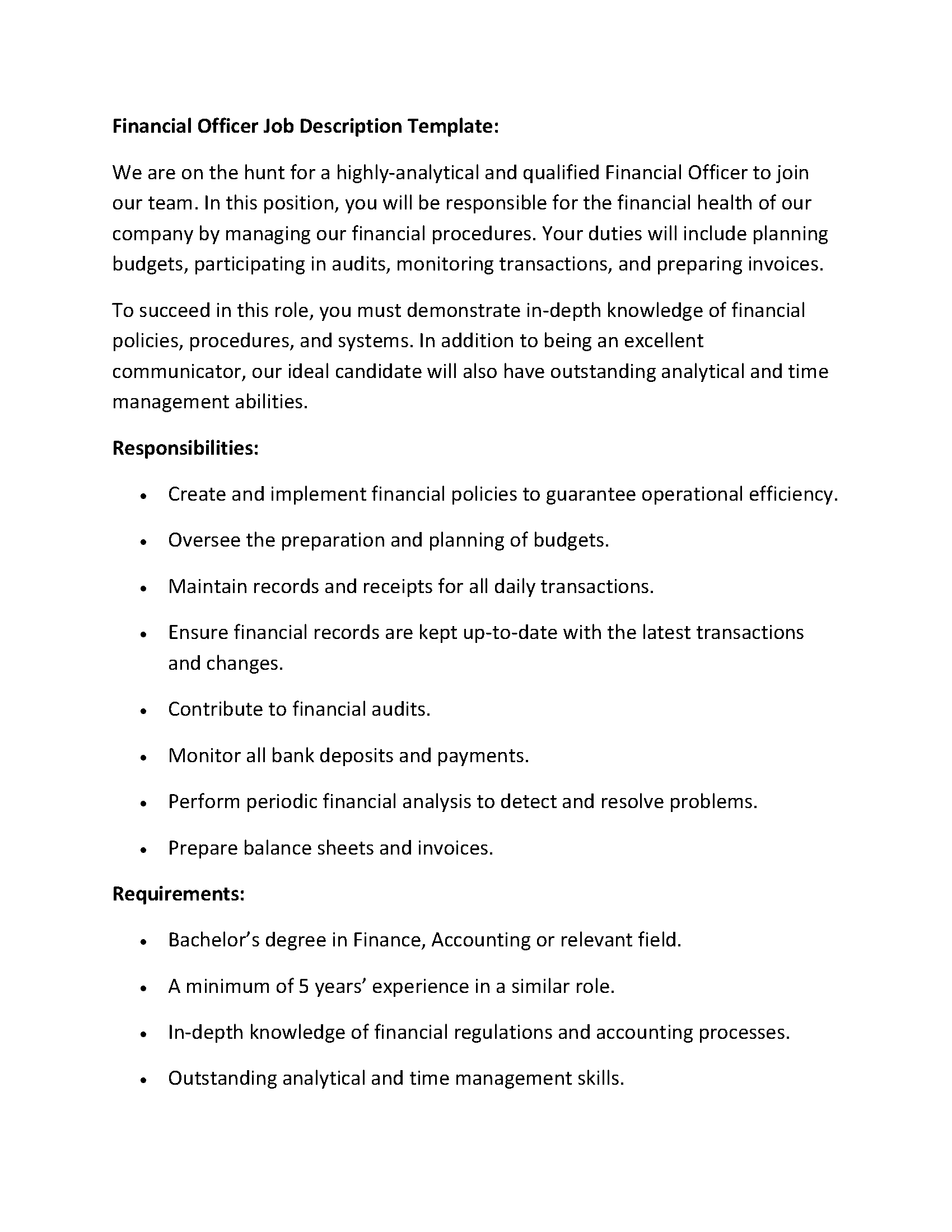 Financial Officer Job Description Template